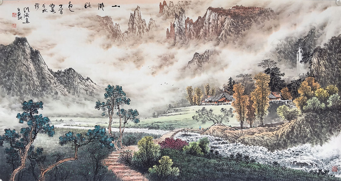 汪俊山水画《山乡秋色》138×68cm